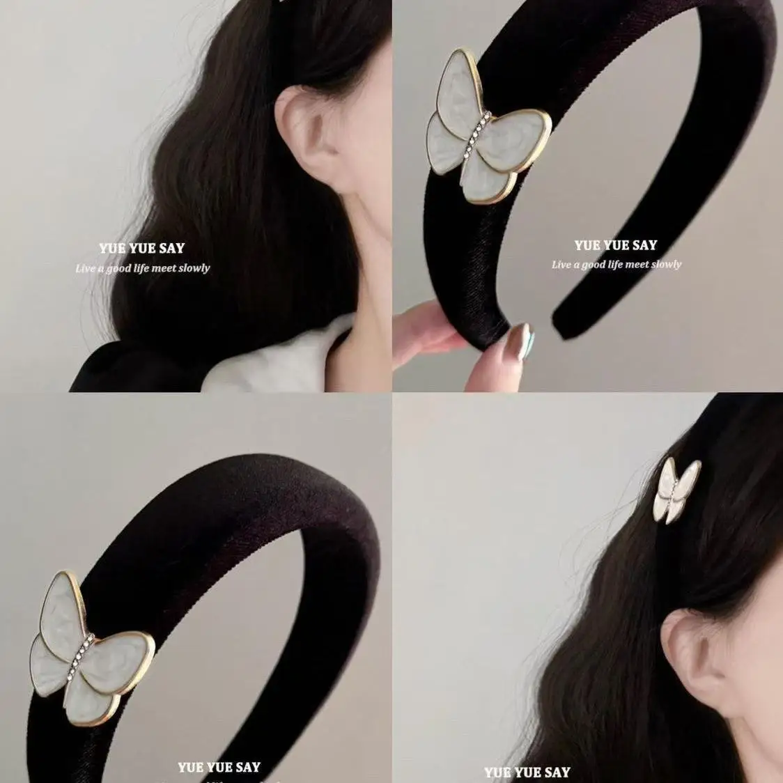 

French girlish black velvet three-dimensional drop glazed butterfly headband, niche wide edge temperament hair accessory