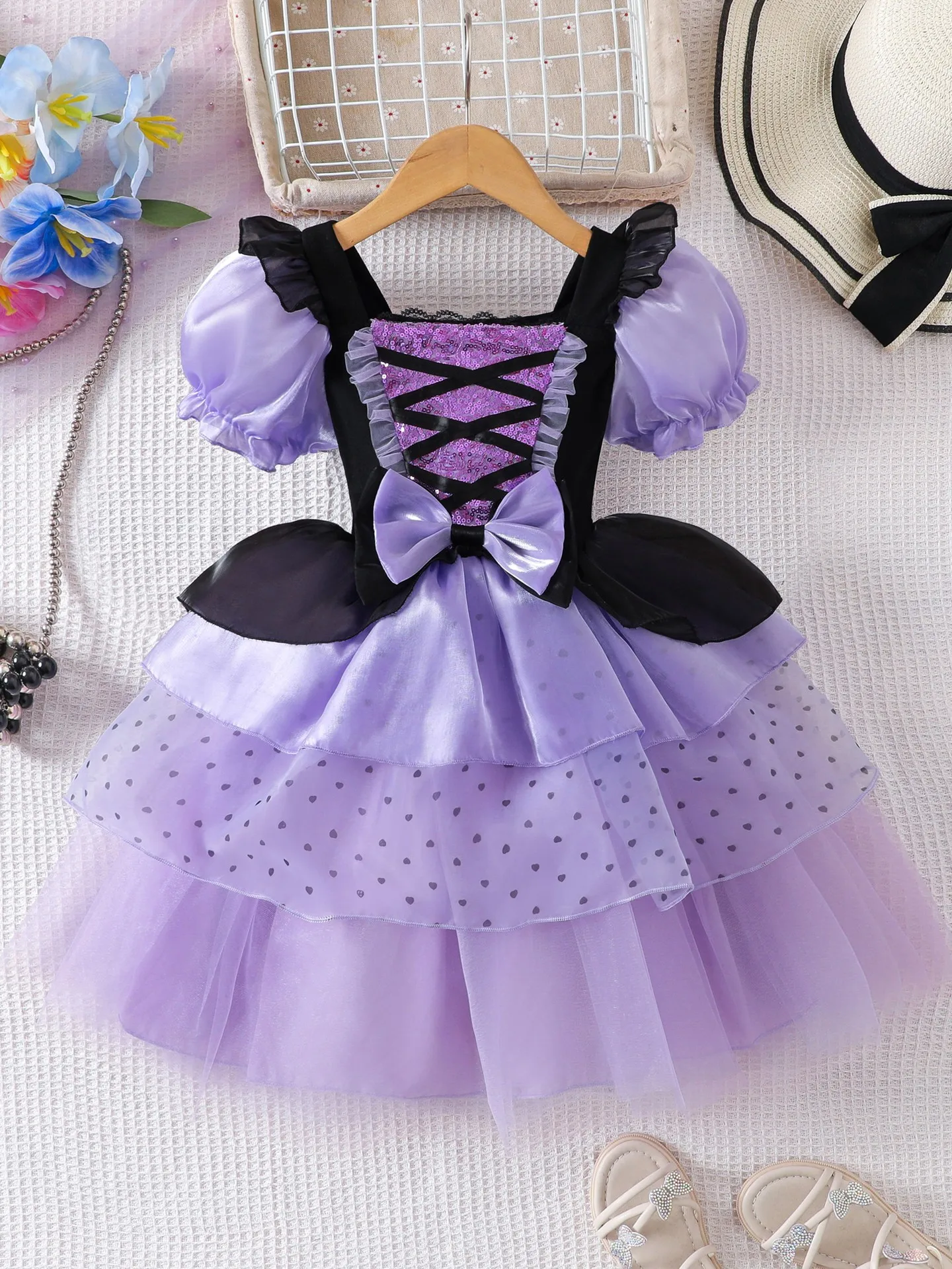 

Girls Lace Up Bodice Tiered Tulle Cute Skirt Kids Princess Inspired Puff Sleeved Dress Heart Shaped Polka Dot Gown for Children