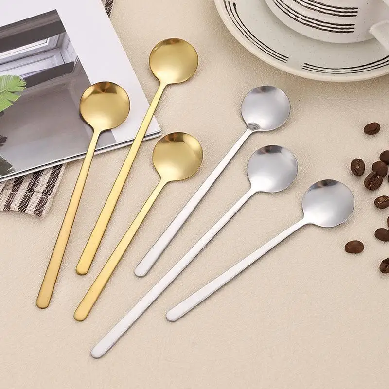 4Pcs Long Handle Ice Spoon Coffee Tea Stir Spoon Stainless Steel Gold Cutlery Set Dinnerware Kitchen Dinner Flatware Set
