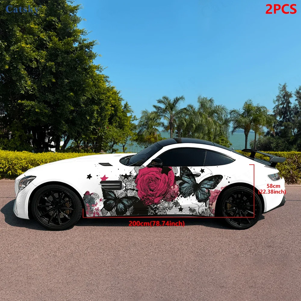Gothic Roses Butterflies Car Side Sticker Decor, PVC Waterproof Scratch Resistant Decal, Car Protection, Auto Accessories Gift