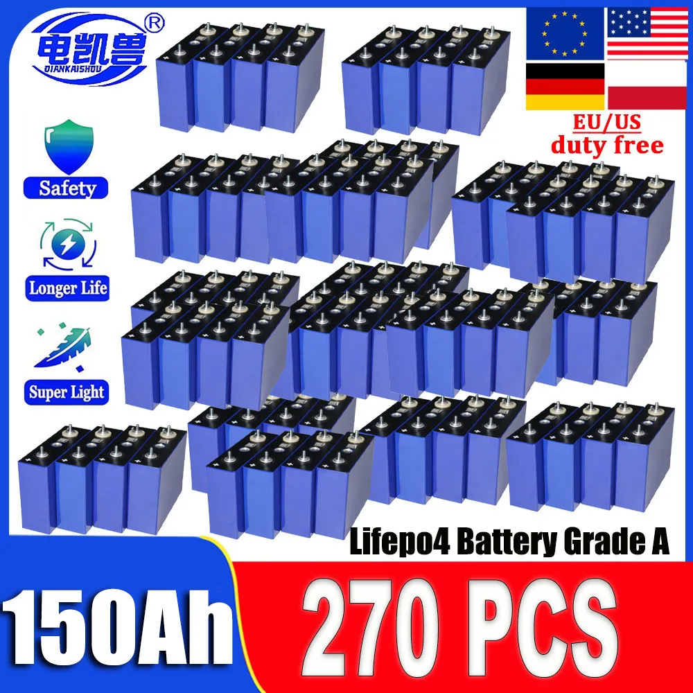 270PCS 100Ah Grade A 3.2V  LiFePO4 Rechargeable Lithium Iron Phosphate Battery Cell for DIY 12V 24V 48V RV EV Golf Cart