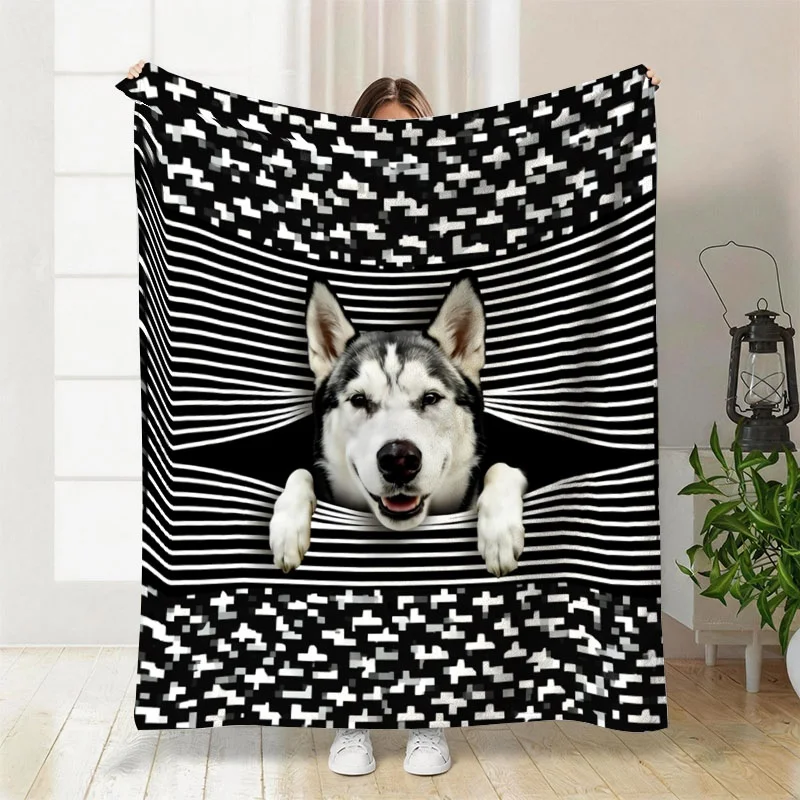 Premium Dog Portrait Husky Throw Blanket Black White Stripe Pattern Aesthetic Pet Lover Cozy Design Decor Gift Home Living Room