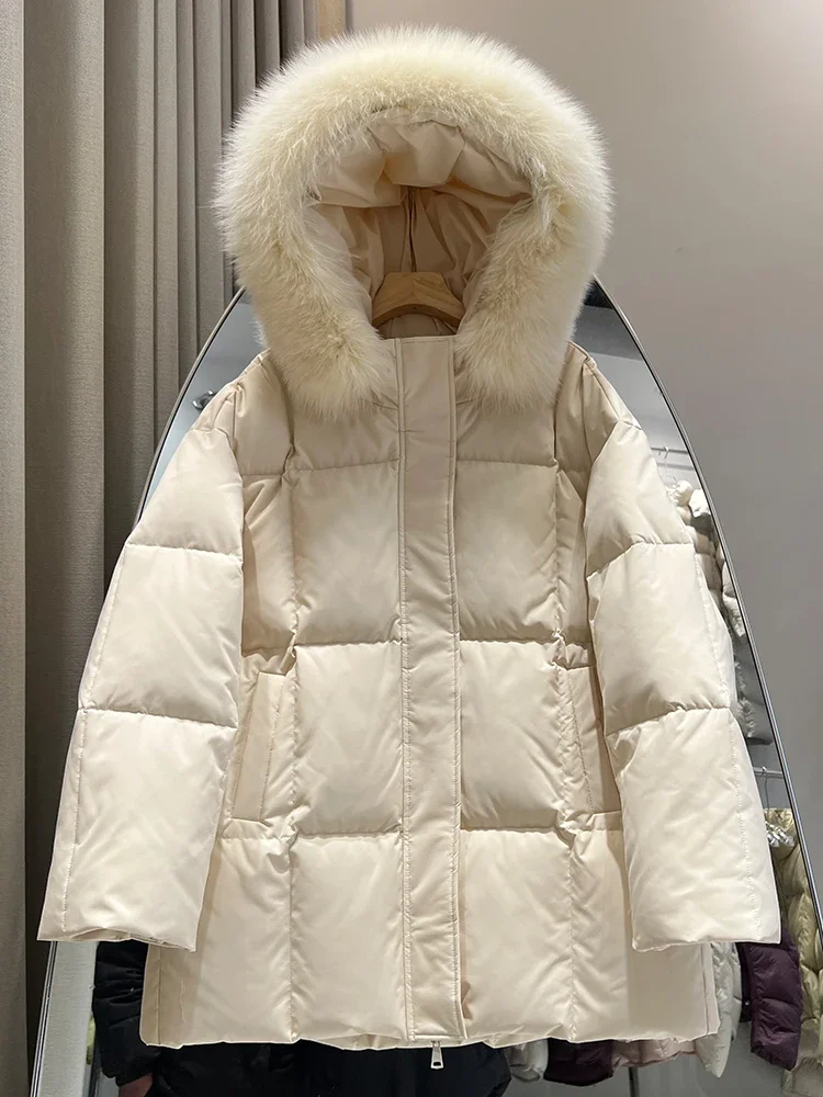 Fox fur collar medium length down jacket for women Korean style gentle and loose commute warm white duck down jacket