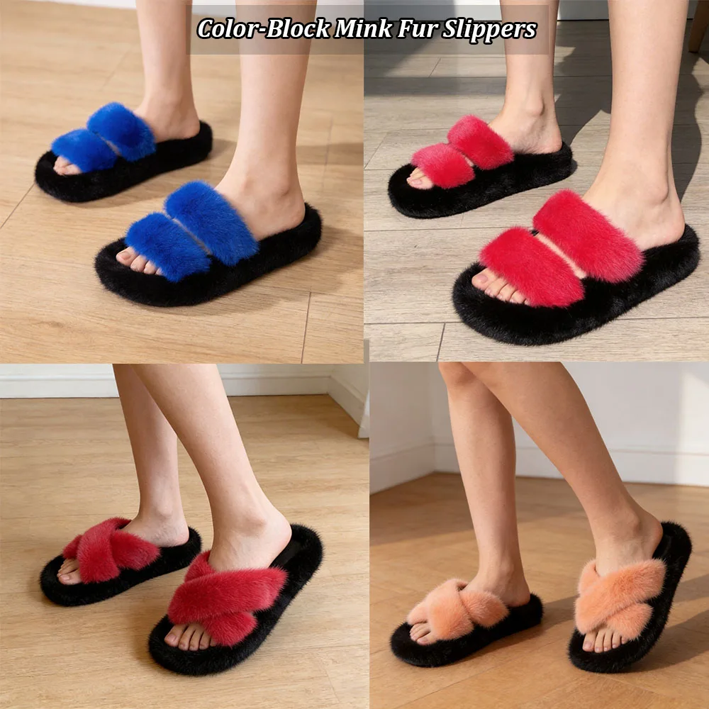 

New Real Fur Mink Slippers Sandals For Woman Luxury Open Toe Plush Fur Slides Slippers Woman Natural Fur Fluffy Shoes For Ladies