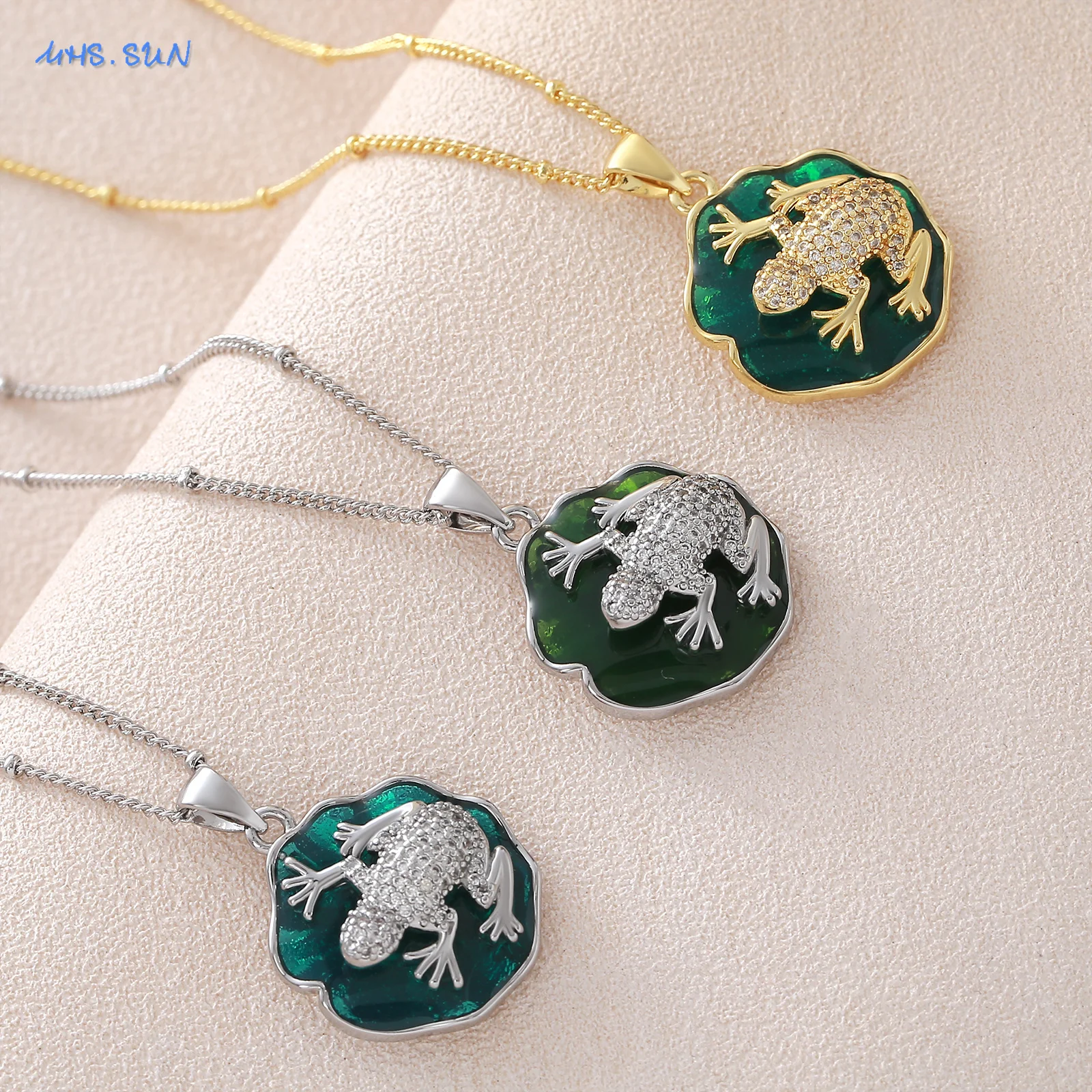 MHS.SUN فريد قطرة النفط لوتس ليف على شكل قلادة القلائد الذهب/الفضة اللون الضفدع مكعب الزركون سلسلة مجوهرات للنساء الرجال