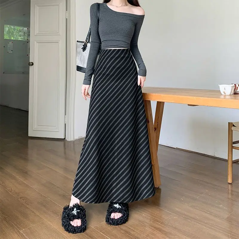 Women High Waist Diagonal Stripe Maxi Skirt Soft Knit Fabric Loose A Line Casual Long Skirt