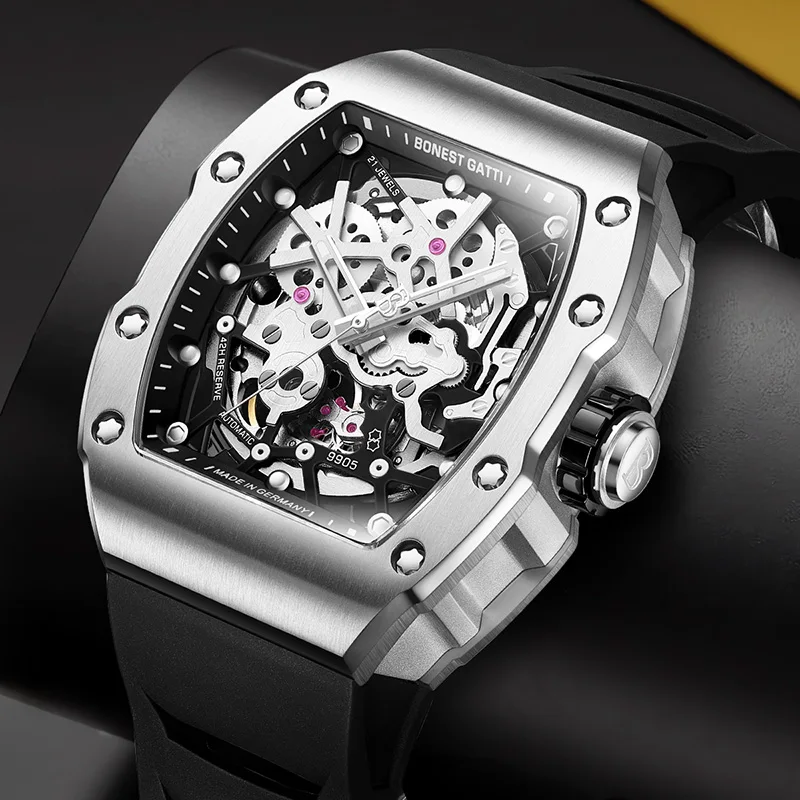 

Мужские наручные часы BONEST GATTI (Германия), автоматические механические, с корпусом в форме бочонка, светящиеся, 40 мм, водонепроницаемые, скелетонизированные, из нержавеющей стали