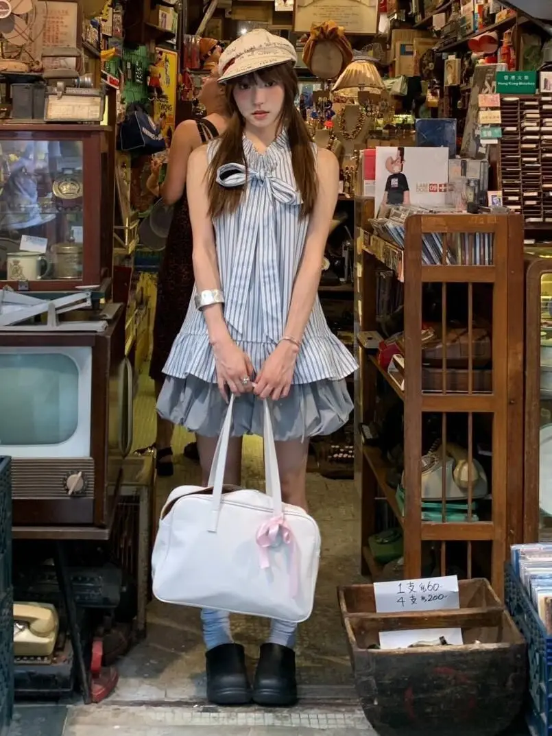 

2 Piece Set for Women Outfits High-end Designed Sweet Girl Style Temperature Niche Striped Sleeveless Shirt and Bud Short Skirt