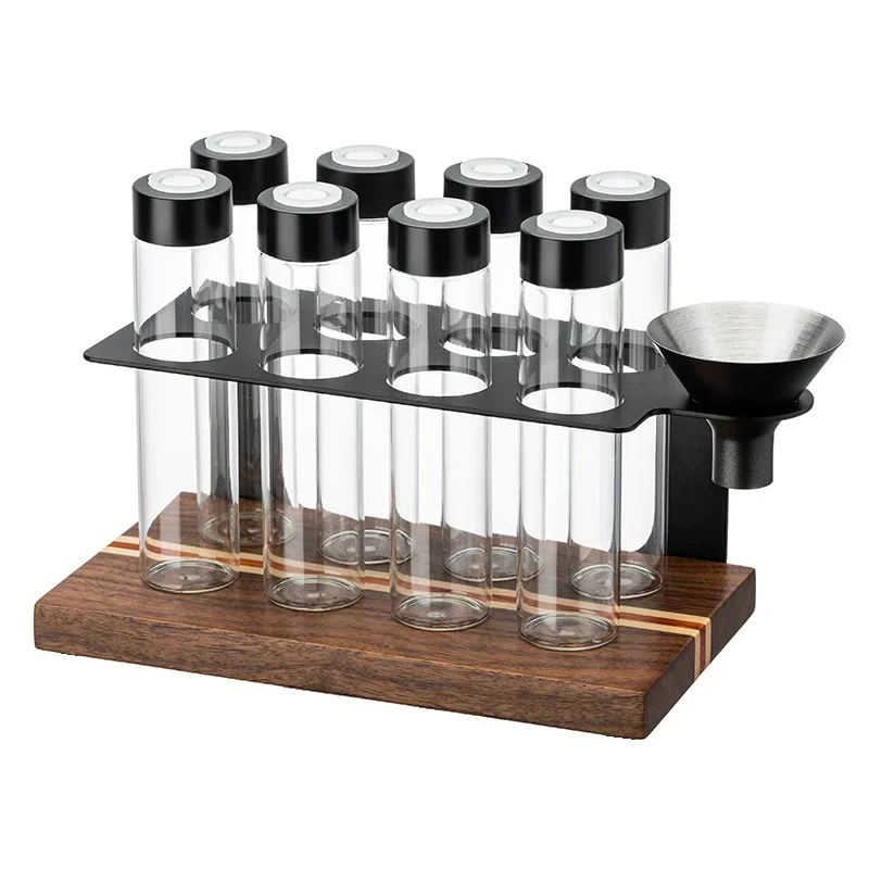 8-Tubes Sealed Glass Coffee Beans Storage Containers with One‑way Exhaust Valve,Wood Holder and Metal Funnel Barista Accessories