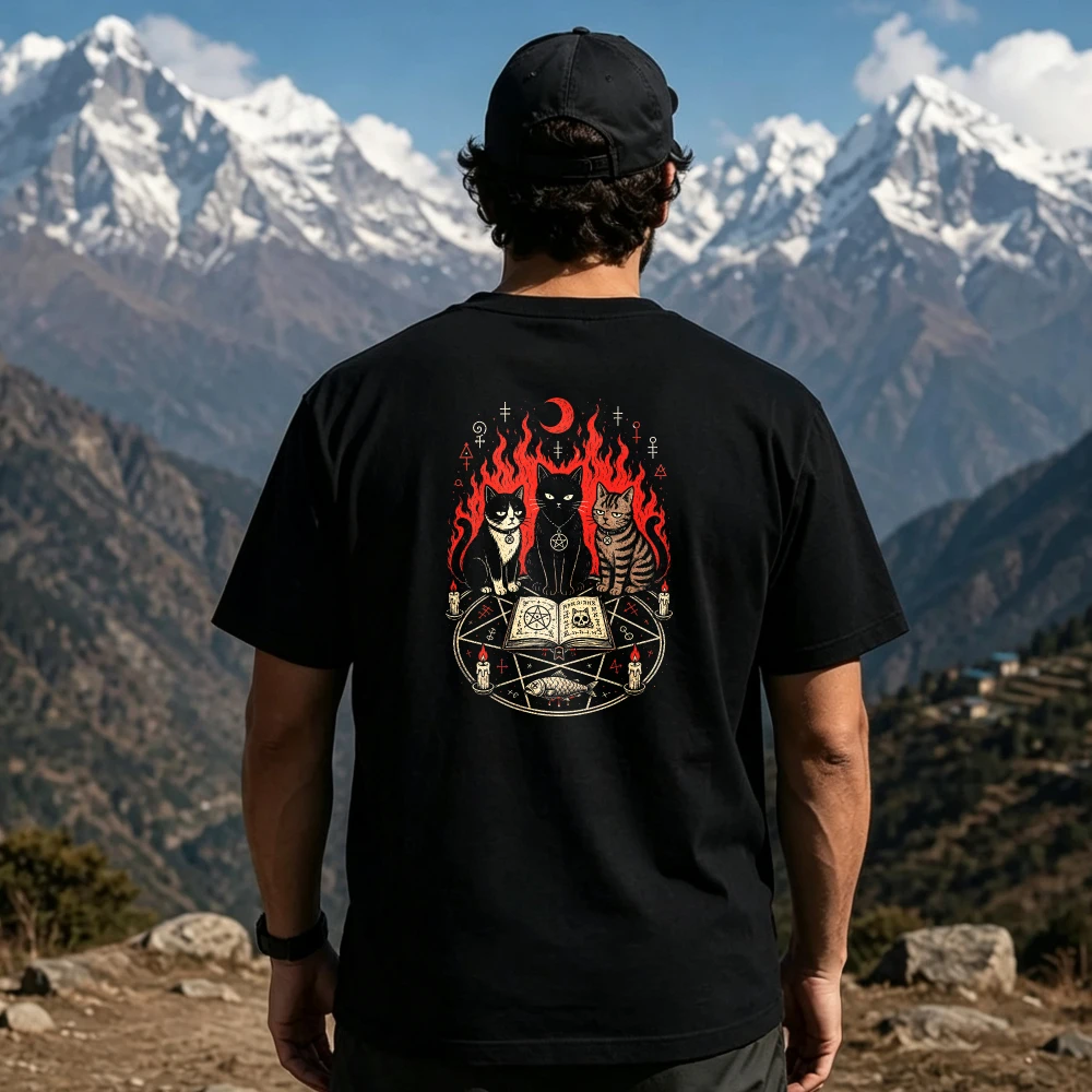 Witch Cats Pentagram Occult Graphic T-Shirt Men Back Print Gothic Dark Magic Crescent Moon Flame Cotton Short Sleeve Unisex Tee