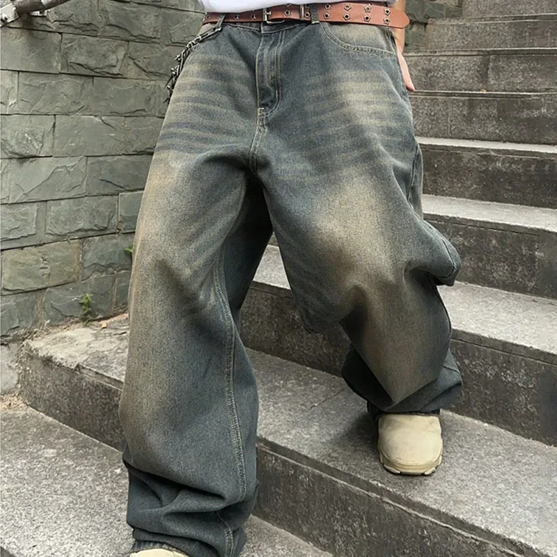 กางเกงยีนส์ทรงตรงสไตล์เรโทรเกาหลีสำหรับผู้ชาย กางเกงยีนส์หลวมๆ สไตล์ลำลอง กางเกงขากว้างสีน้ำเงิน