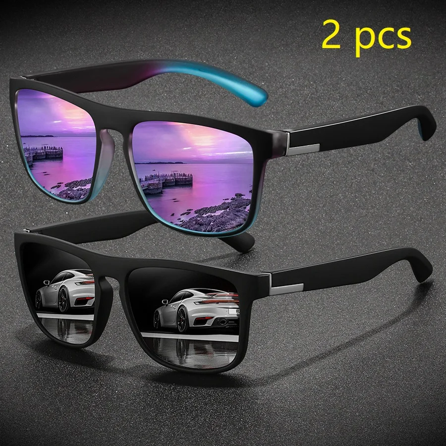 2 Pieces Fashion Vintage Square Sports Sunglasses Men Women Driving Fishing Brand Designer Sun Glasses Retro Man Eyewear UV400