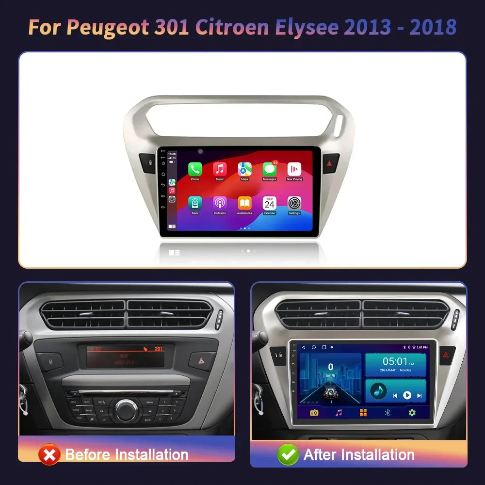 For Peugeot 301 Citroen Elysee 2013-2018 Android 14 Carplay Radio Multimedia Player Navigation 4G GPS Auto radio Stereo Screen