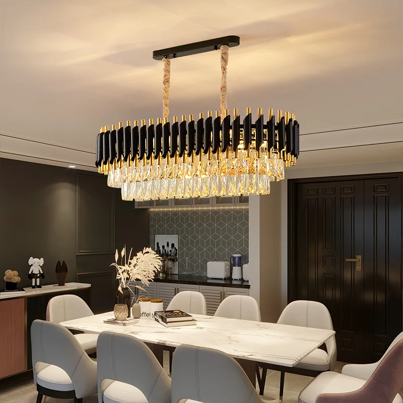 

Rectangle Crystal Led Chandelier Kitchen Island Pendant Lights Live Room Black Home Decor Design Indoor Luxury Oval Hanging Lamp