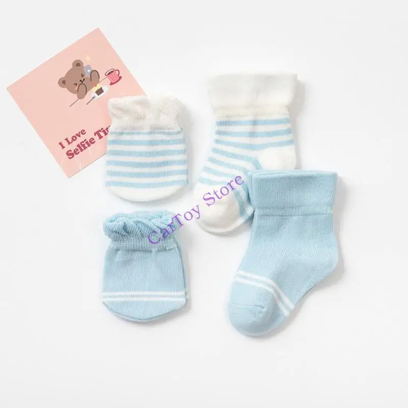 

634F 4 Pack No Scratch Mittens Socks Set Cotton For Newborn Baby Boys Girls Gloves Ages 0-6 Months Breathable Cloth