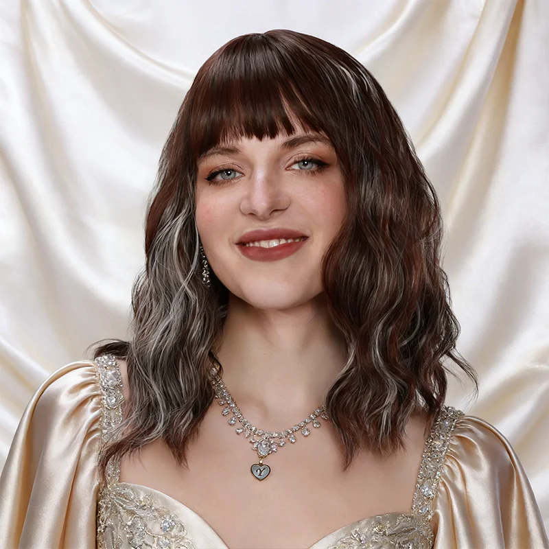 

Женский пушистый коричнево-белый вьющийся парик, окрашенный в волосы, термостойкое синтетическое волокно, волнистый дизайн с шапочкой из розовой сетки, стабильный, вьющийся парик