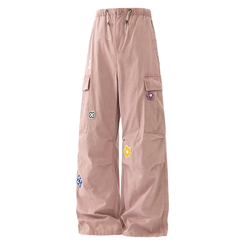 Calças de trabalho tridimensionais com pequenas flores bordadas lavadas para casais, calças de emagrecimento e versáteis de algodão puro com pernas retas