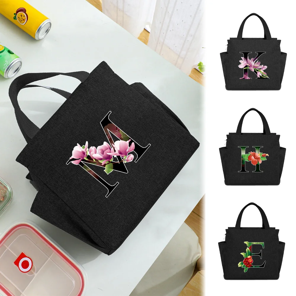 Portable Lunch Bag Thermal Insulated Lunch Box Cooler Bento Pouch Handbag Flower Color Letter Series for Outdoor Picnic Beach