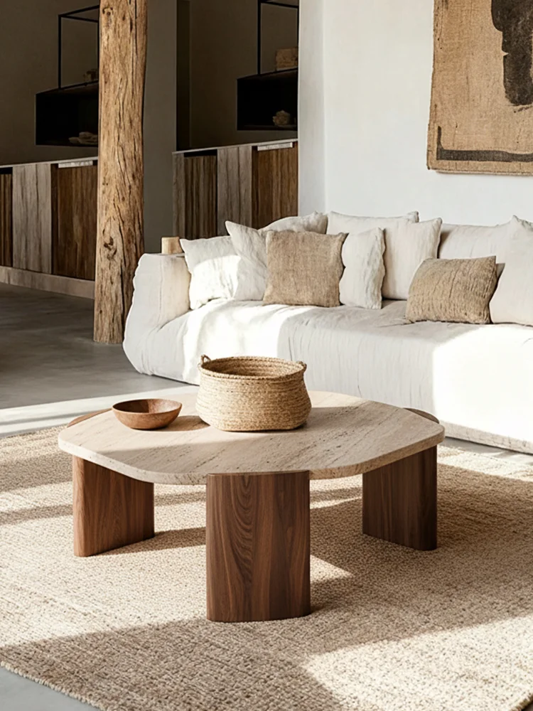 

Wabi Sabi Style Solid Wood Travertine Coffee Table Minimalist Rustic Indoor Outdoor Scratch Resistant Easy Clean Durable Natural