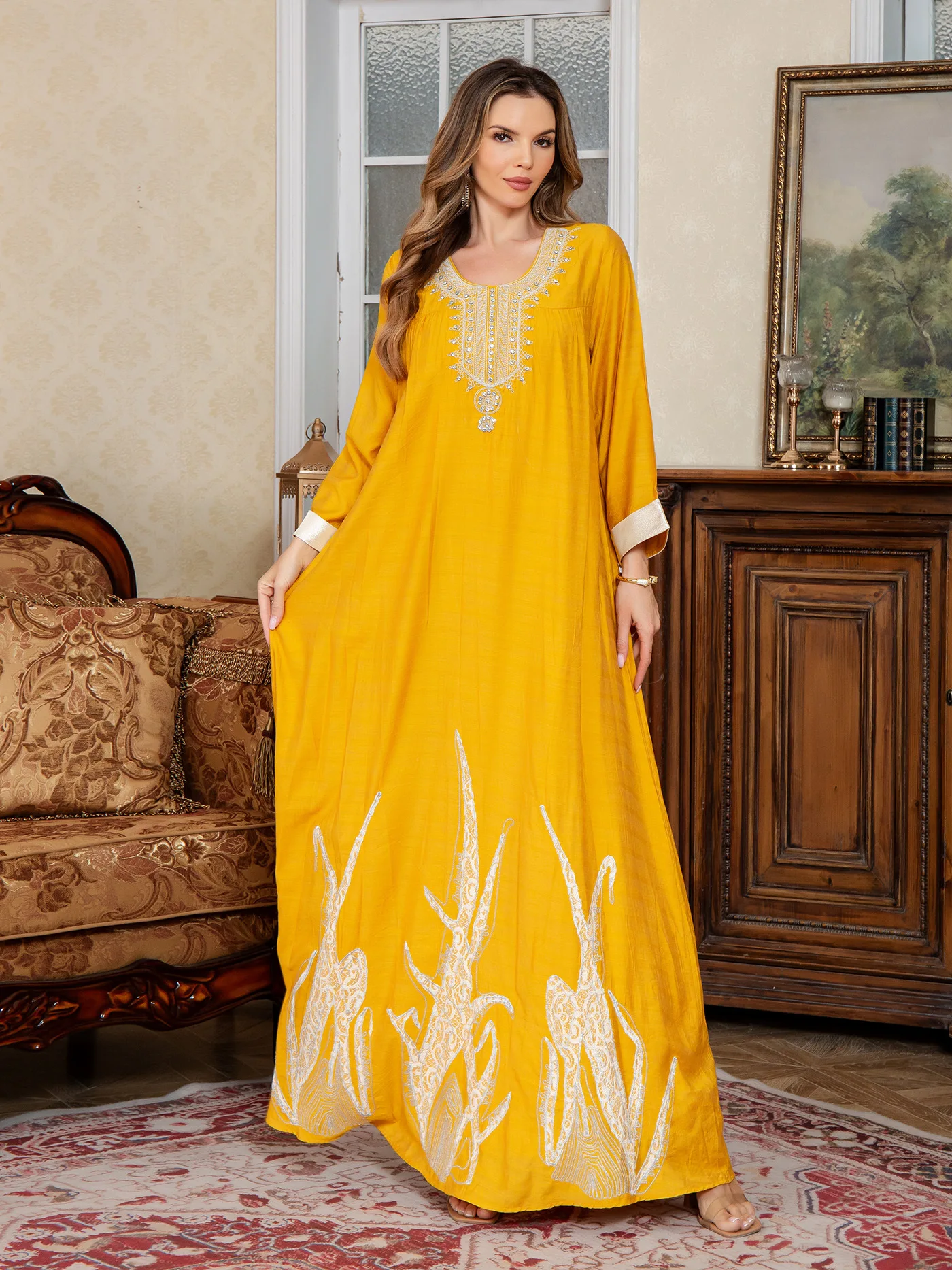 Muslim New Fashion Women's Casual Trendy Solid Color Embroideried Loose Long Sleeve Sash Pullover Abaya Female Middle East Arab