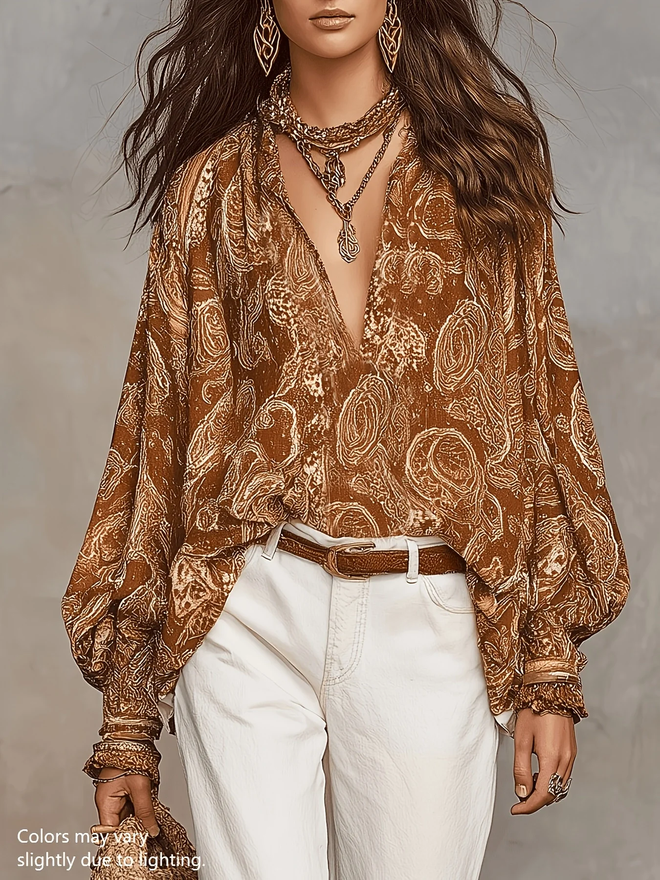 Damen-Bluse aus braunem Chiffon mit Paisley-Print, V-Ausschnitt und langen Laternenärmeln, lässiges, lockeres Boho-Oberteil im Bohemian-Stil für Frauen – Detail 1
