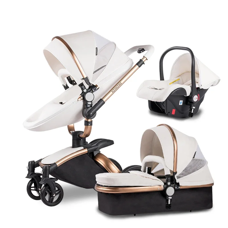 Luxo Baby Stroller, 3 em 1, transporte de couro PU, Stroller Paisagem alta, carrinhos dobráveis, casca de ovo, bebê recém-nascido