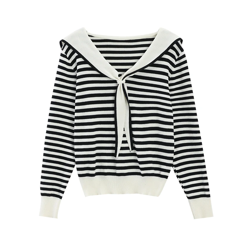 ALXNAN темно-синий полосатый свитер с воротником, женские осенние шерстяные элегантные пуловеры с длинными рукавами, 2025 г., повседневные свободные женские топы L57252