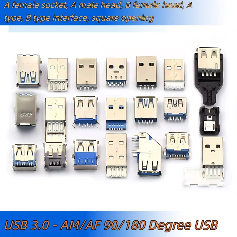 2 /5 /10pcs USB3.0-AM/AF 90/180-degree right-angle USB female connector, blue rubber copper core bent pin USB female socket