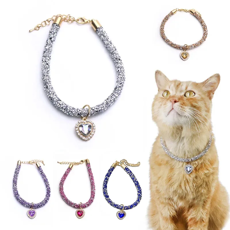 Sparkling Crystal Luxury Cat Collar with Heart Gemstone Pendant, Reflective Rhinestone Necklace for Cats, Puppy Pet Accessories