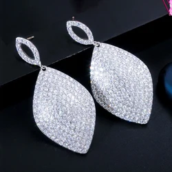 ThreeGraces Sparkling Micro Pave Cubic Zirconia Big Long Leaf Drop Dangle Earrings for Women Luxury Party Jewelry E1236