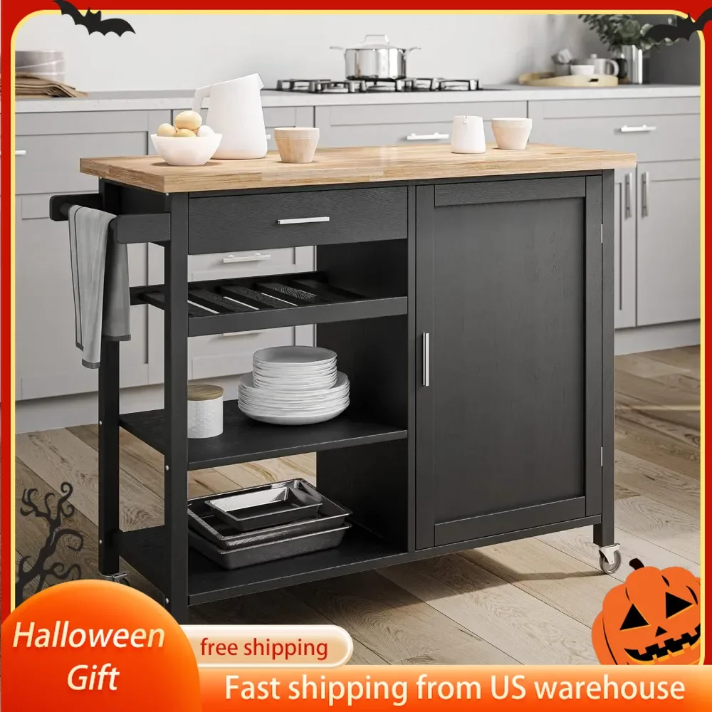 

Modern rolling kitchen island utility cart with drawers, lockers, towel rack, rubberwood top, castor wheel