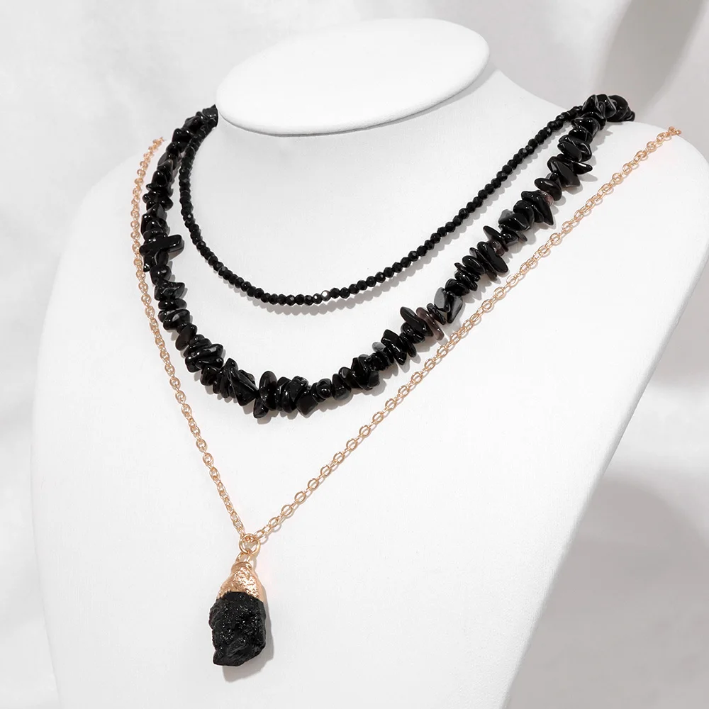 Black Obsidian Stone Pendent Necklace Set Natural Crystal Agates Chip Stone Necklace Vintage Female Jewelry Gift Mineral Choker