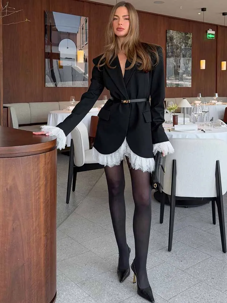BKQU Lace Patchwork Blazer Mini Dress Women V-Neck Ruffled Slim Long Sleeve Fashion Suit Dress High Waist Elegant Party Gown Y2k