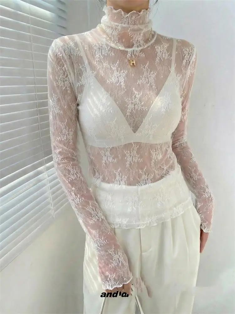 

Женская кружевная базовая блузка с высоким воротником Cherry Blossom, облегающая, зимняя, модная, красивая, в корейском стиле, с длинными рукавами