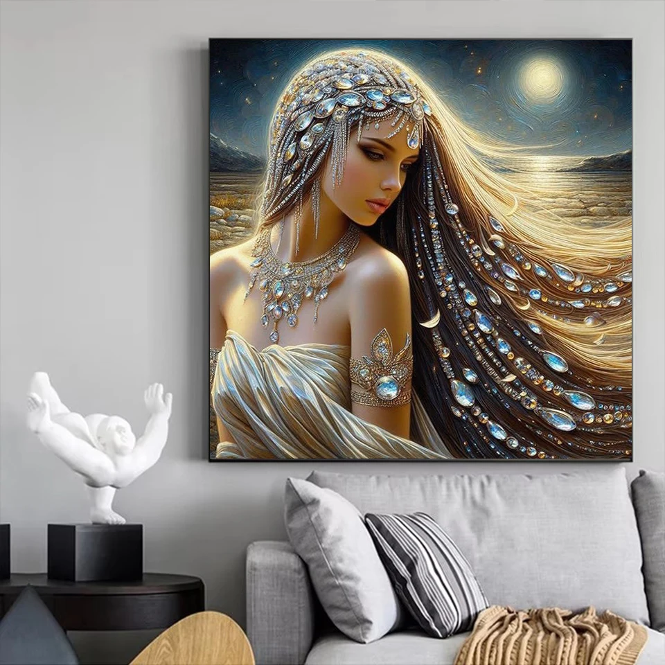 Diamond Painting Long Haired Beauty,Diamond Jewelry Rhinestone Pictures 5D DIY Diamond Mosaic Woman Handmade Portrait Home Decor