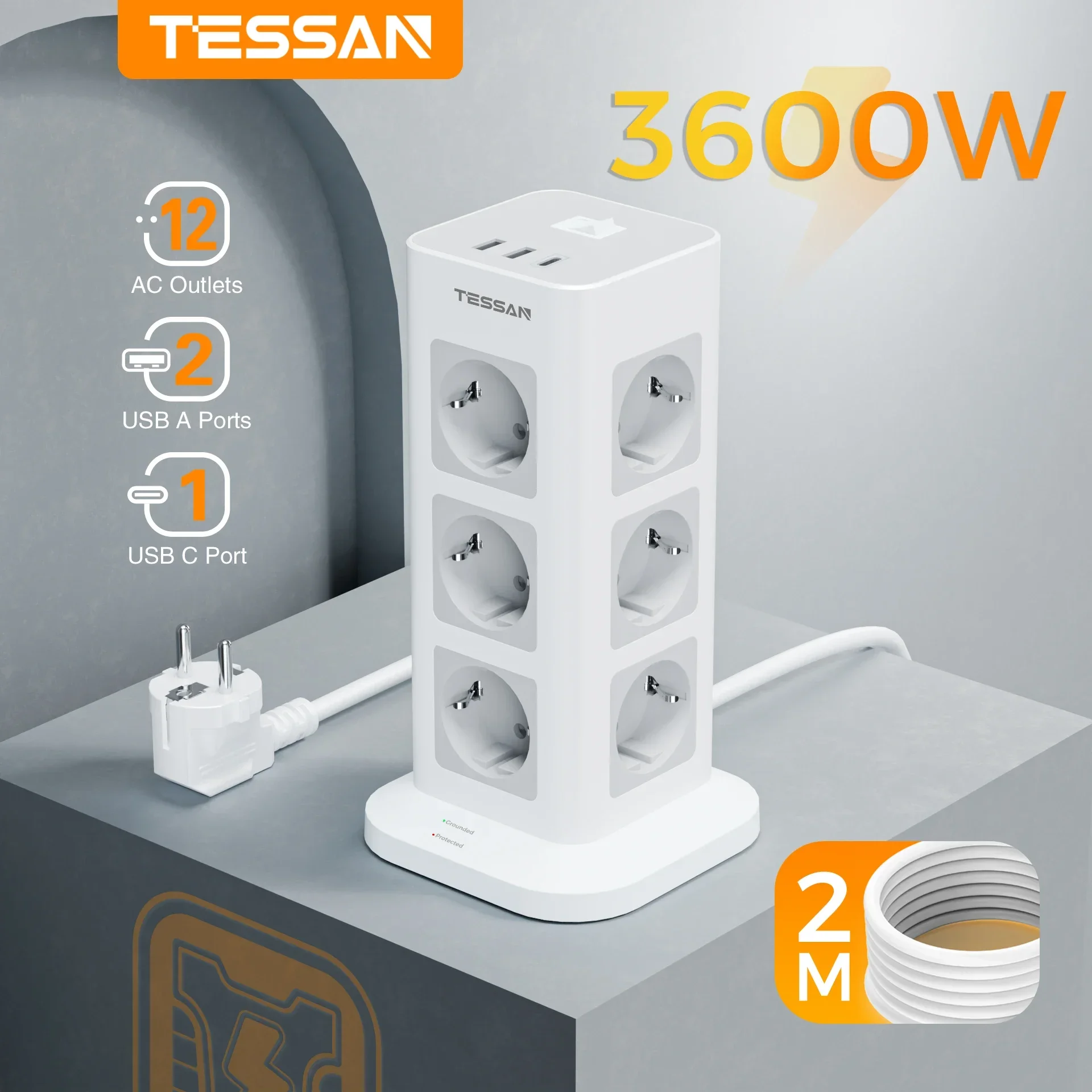 TESSAN Tower Power Strip with Surge Protector Tower Extension Socket 12 Outlets 3 USB with 2M Extension Cable for Home Office