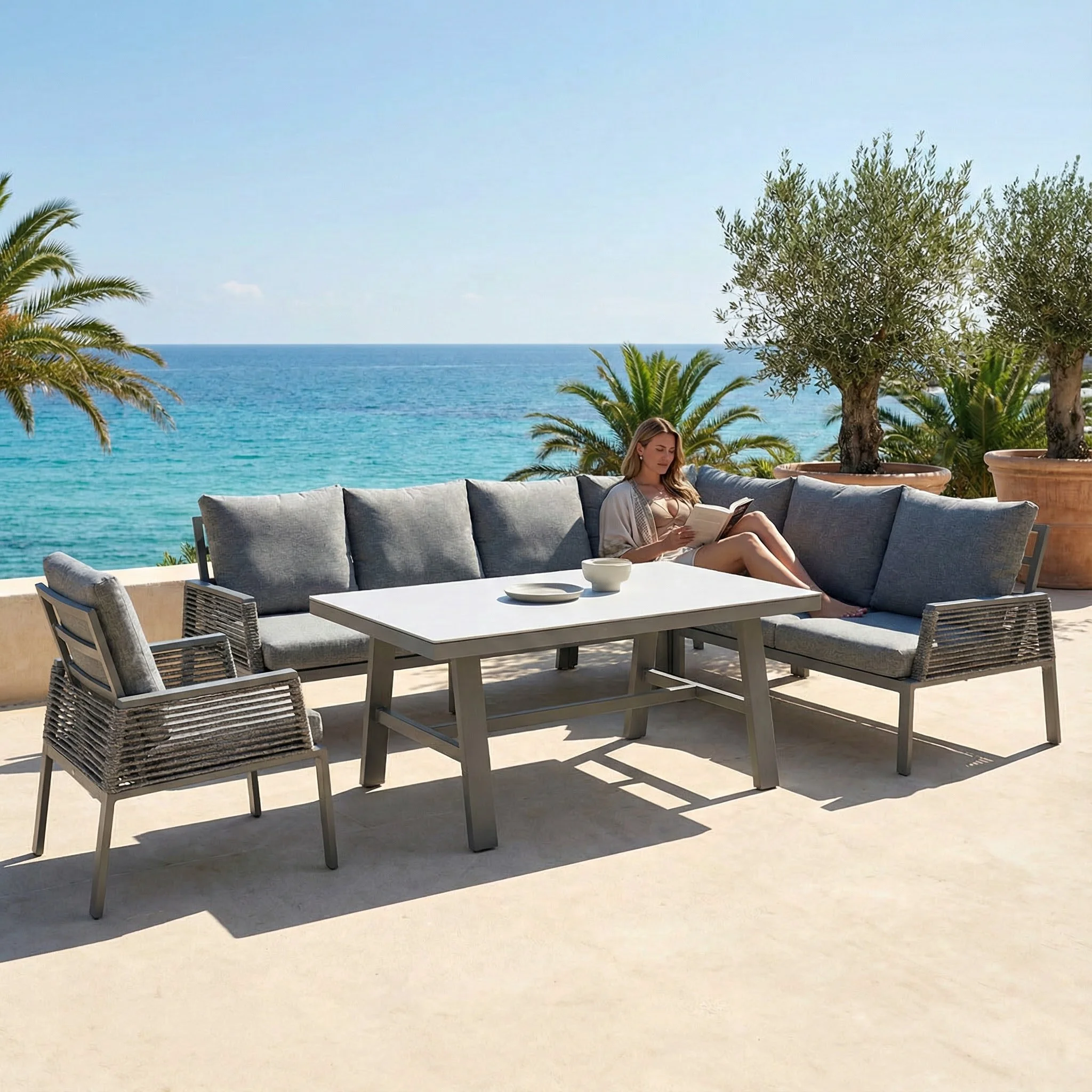 Outdoor corner sofa set 10cm cushion L-shaped terrace combined 7-seat dining table