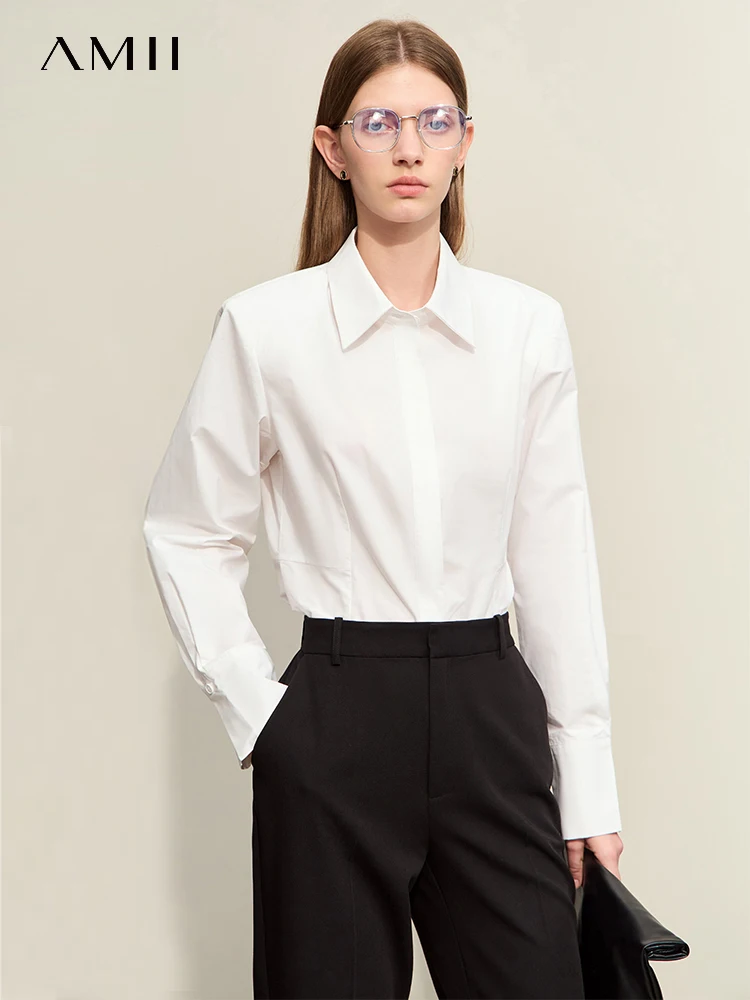 

AMII Minimalism Women Shirts 2024 Spring New Commuter Basics Lapel Shoulder Pads Cotton White Shirt Female Waist Blouse 12451035