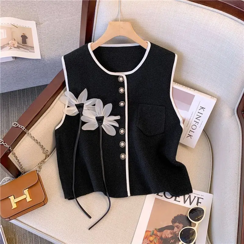 2024 Summer New Fashion Tank Tops Women\'s Crew Neck Cardigan Button Patchwork Pocket Tie Flowers Sleeveless All-match Vests Coat