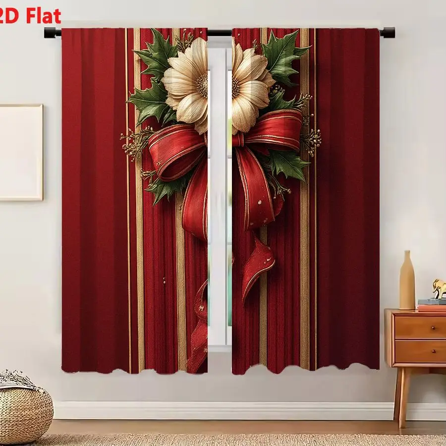 2Pcs Curtains Add 2D Flat Festive Red Satin Bow With Gold Piping And Holly Berry Decoration Window Drapes for Bedroom Room Decor