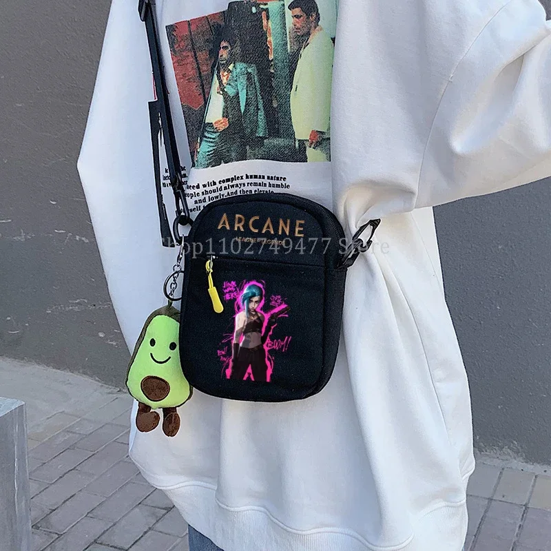 Anime Arcane Jinx League of Legends LOL Small Square Bag Portable Crossbody Phone Bag Casual Canvas Jinx Zipper Shoulder Bag