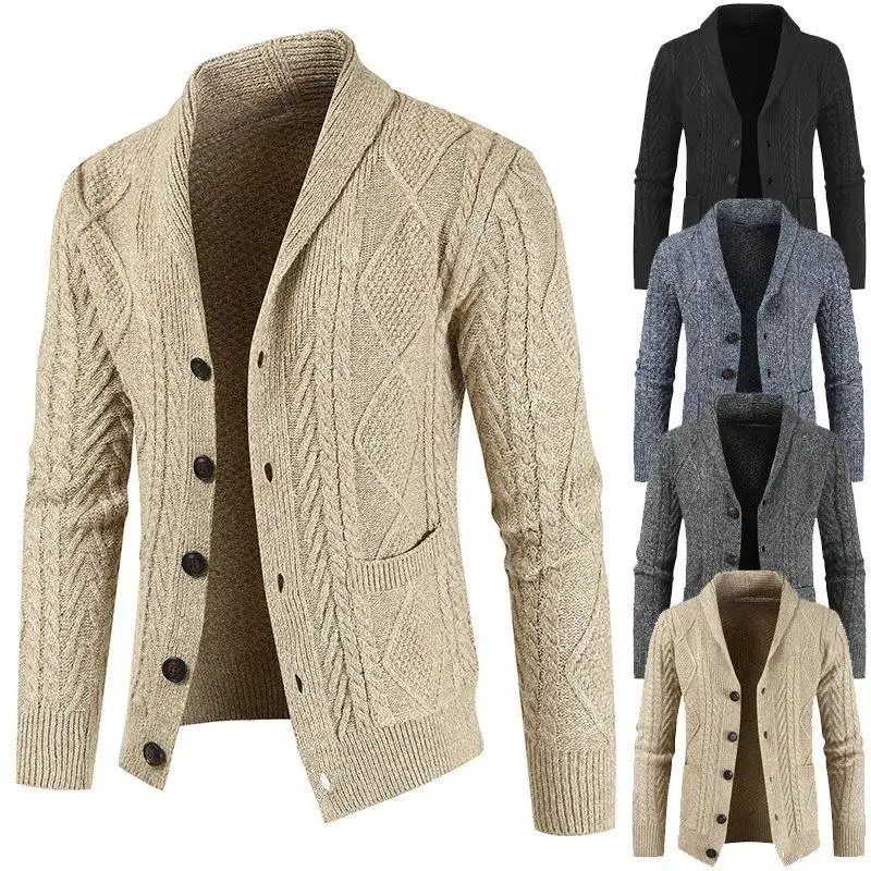 Men's Casual Long Sleeve Shawl Collar Buttons Down Cable Knit Cardigan Sweater with Pockets