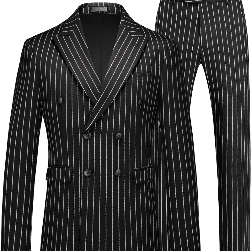 2 Piece Slim Fit Vintage Tuxedo For Groomsmen Mens Double Breasted Pinstripe Suit , Wedding, Prom