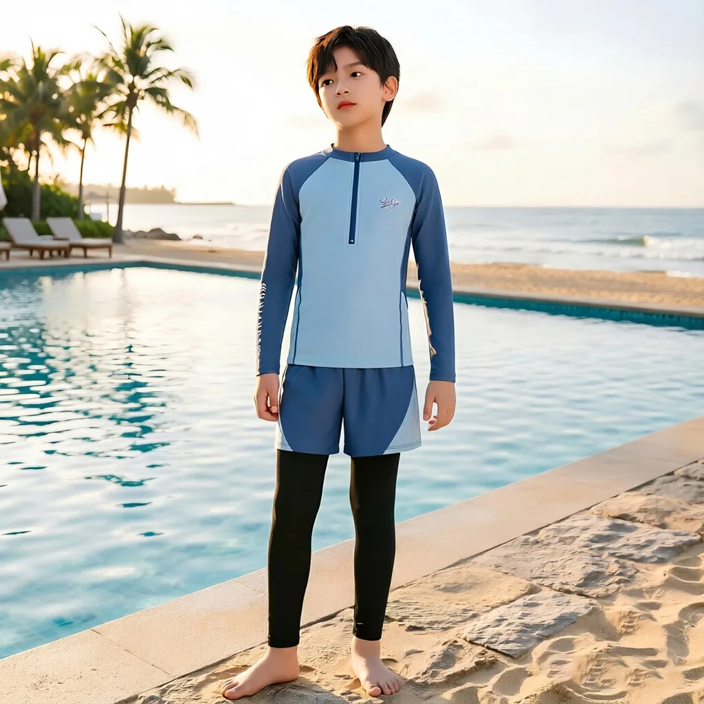 Boys' Swimwear: Two-Piece Long-Sleeve and Long-Pants Swimsuit for Older Boys – Quick-Dry, UV-Protective Training Swimwear