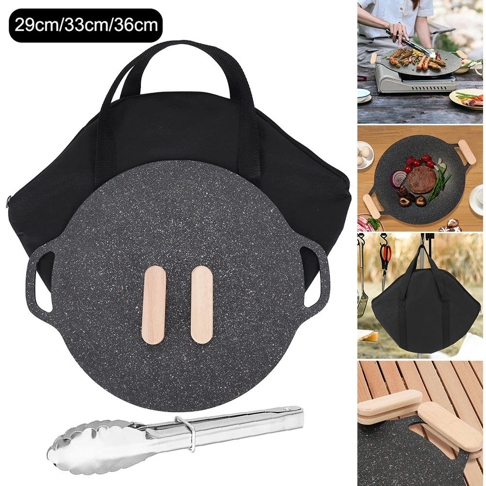 Multi-Purpose Grill Induction Cooker with Storage Bag & Wooden Handle & Food Clip Travel Frying Pan for Camping Hiking Supplies