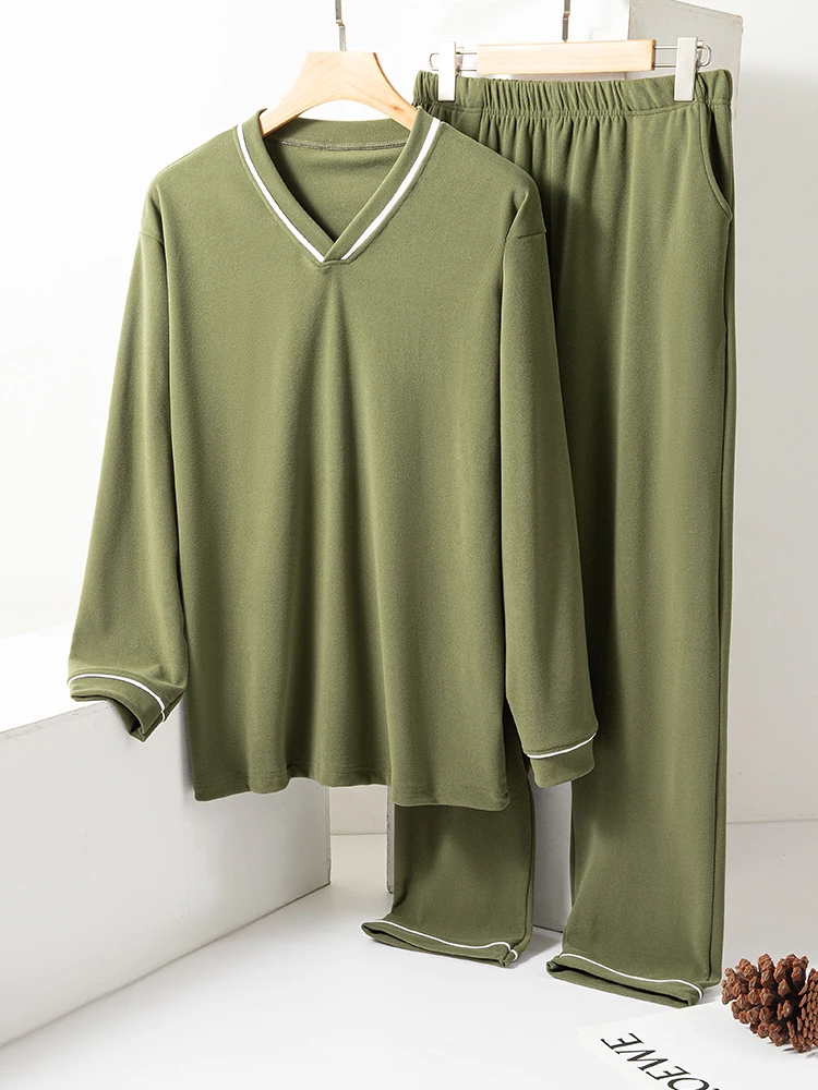 

Men's V-Neck Sleepwear Thermal Fleece Loose Fit Home Clothes Set Thickened Winter Leisure Long Sleeve Pants Two-Piece Suit