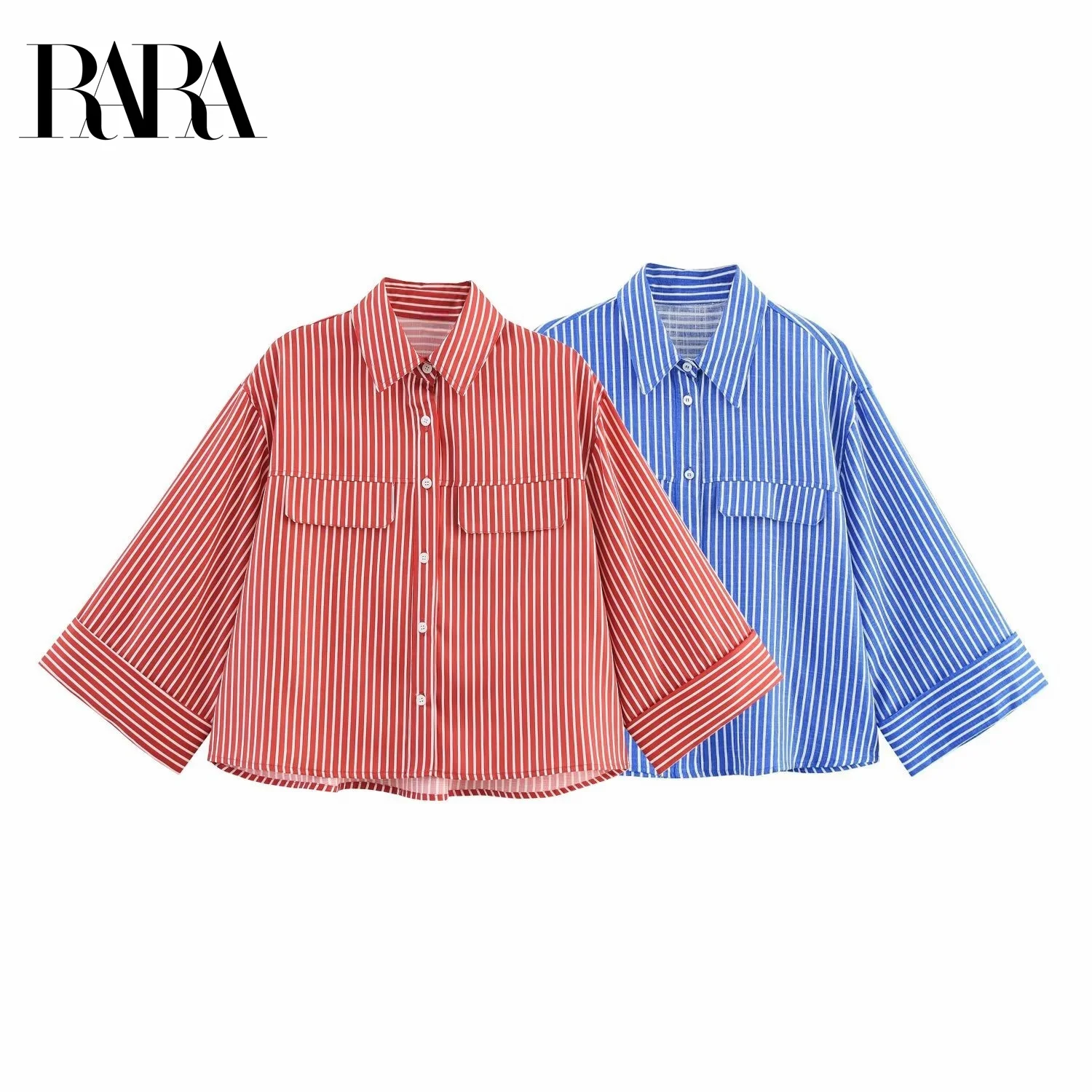

RARA Womens Summer New Lapel 3/4 Sleeve Casual Loose linen blending Short Striped Shirt Top Casual and Fashionable