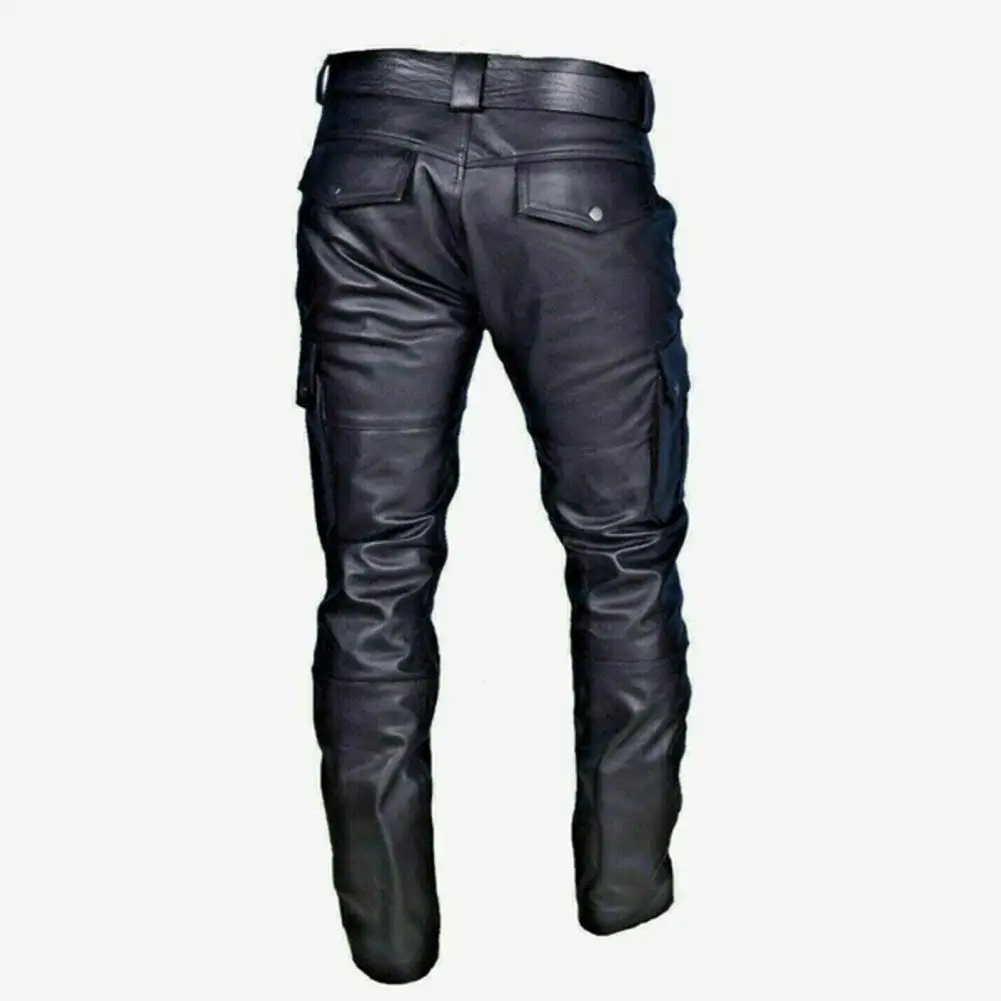 Pantaloni da uomo in ecopelle tasche Slim superficie liscia bottoni con cerniera tinta unita Street Style Party Nightclub Performance Pants