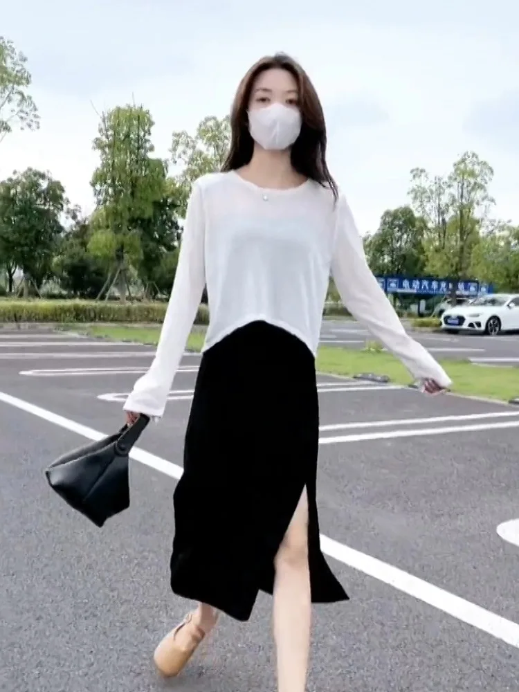 

Long Sleeve Ice Silk Knitted Top And Asymmetrical Skirt Women's Fashion Set Summer New Style Bodycon Skirt Two Pieces Set