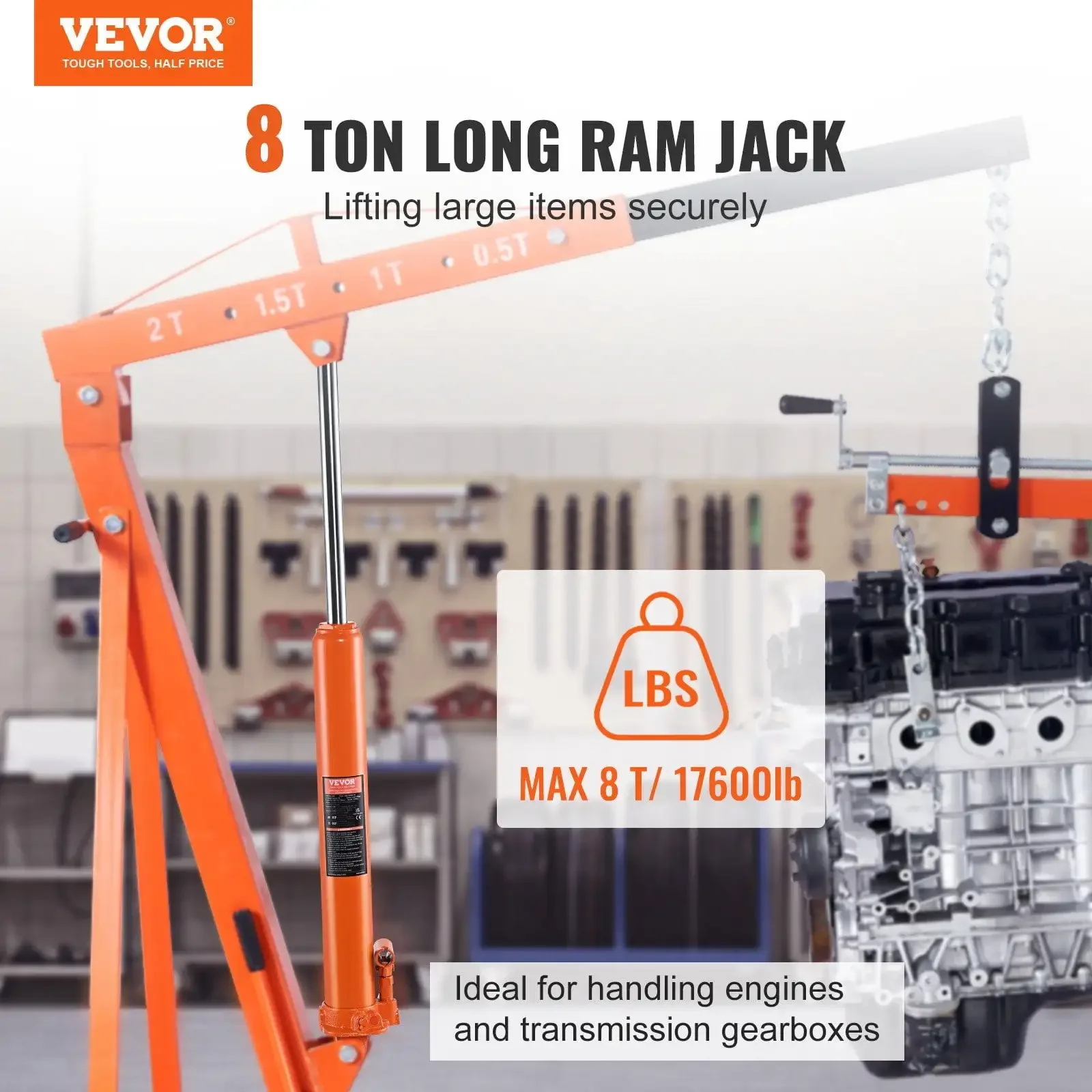 Hydraulic Long Ram Jack 8Ton Clevis Base Engine Hoist Cylinder Single Pump